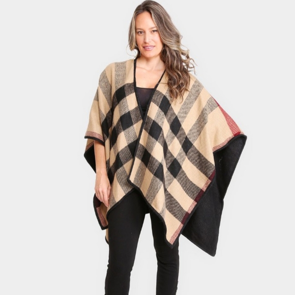 Accessories - Plaid Check Pattern Ruana Poncho